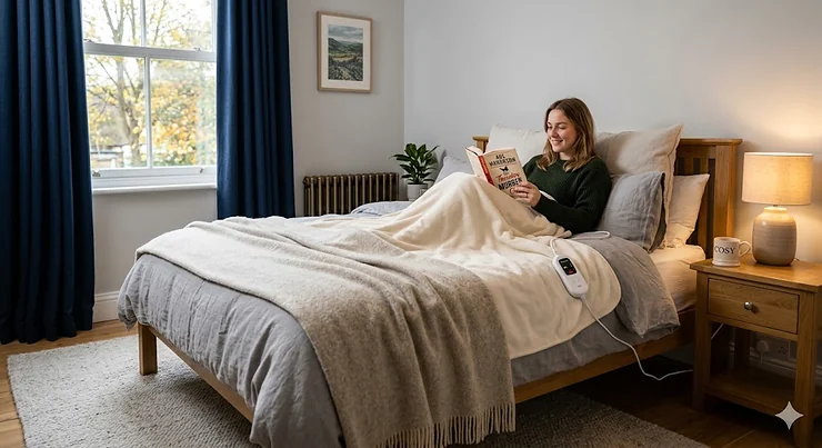 A cosy living room scene featuring an energy-saving electric blanket draped over a sofa to help reduce heating bills. energy saving electric blanket