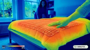 A thermal imaging graphic showing a mid-range electric blanket heating up quickly on a chilly night.