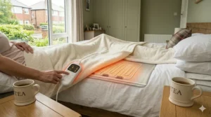 Graphic demonstrating the rapid heat-up time of a 9-heat-setting electric blanket.