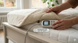 Step-by-step view of fitting an elasticated mid-range electric blanket onto a standard UK mattress.