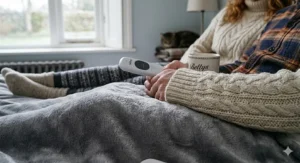 Close-up of soft, grey fleece material on a heated electric blanket showing high-quality fabric texture.