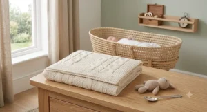 A neatly folded cream knitted moses basket blanket on a wooden table, showing its texture.