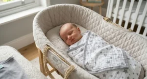 Demonstrating the fold technique for a cotton muslin swaddle blanket.
