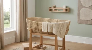 A luxurious knitted moses basket blanket presented as a perfect newborn gift in a box with a tag.