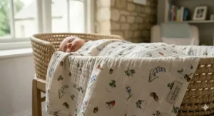 Decorative patterned muslin swaddle blanket for newborns.