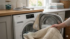 Demonstrating the machine-washable fabric of a mid-range electric blanket for easy cleaning.