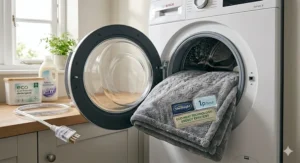 An electric blanket being placed into a washing machine, highlighting the detachable cable.