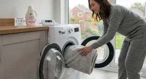 A clean electric blanket being placed into a washing machine for easy care.