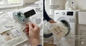 A person placing a washable electric blanket into a washing machine for easy maintenance.
