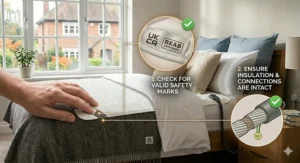 A detailed educational illustration where a hand gently presses the blanket fabric, pointing to the stitched safety labels and internal wiring, guiding users on how to confirm standards are met.