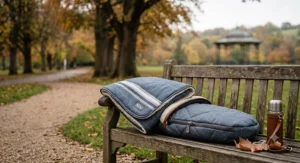 A 4K product photograph of the matching grey-blue striped pram blanket and footmuff set, neatly arranged on a wooden garden bench in a scenic British park.