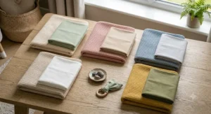 Assortment of Moses basket blanket and sheet sets shown in various nursery colour palettes.