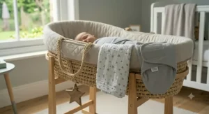 A multi-use muslin swaddle blanket being used as a light pram shade.