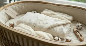 Modern, neutral-toned summer swaddle blanket featuring a subtle botanical print for stylish nursery coordination.