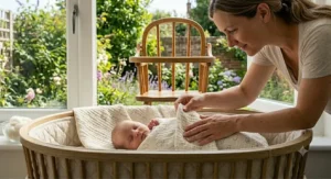 A baby resting comfortably in a cot while swaddled in a light, breathable summer blanket for a secure sleep.