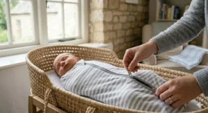 Diagram showing safe hip positioning inside a baby swaddle.