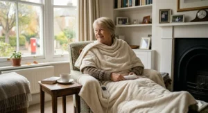 A happy pensioner relaxing on a sofa with an electric throw blanket, perfect for single-person use.