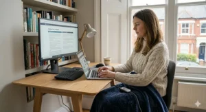 A compact heated throw being used during a work-from-home session.