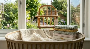 Lightweight swaddle blanket used as a breathable, protective cover for a pram during a sunny summer day out.