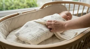 A parent safely demonstrating how to wrap a newborn in a light summer swaddle blanket for a comfortable sleep in a cot.