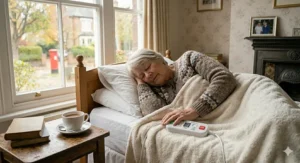 A securely fitted electric blanket on a single bed, ideal for a pensioner staying warm at night.