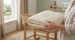 Close-up of a sleeping baby, showing only the soft texture of the cream knitted moses basket blanket.