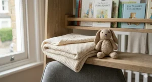 A soft, cream-coloured cellular newborn blanket folded neatly next to a knitted rabbit toy on a wooden nursery shelf.