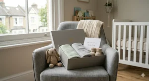 A comprehensive newborn blanket gift set displayed on a nursery chair, including a soft blanket, muslin cloths, and knitted booties.