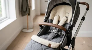 Close-up of a grey pram footmuff on a modern stroller, showing the precise universal harness slots and a 5-point safety belt system with soft fleece lining.