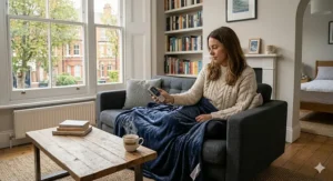 A person relaxing on a sofa wrapped in a machine-washable heated throw.