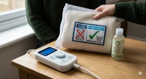 Illustration demonstrating that the energy-saving electric blanket is machine washable when placed in a mesh bag with specialist detergent.