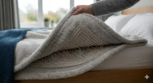 Close-up of silent heating coils inside a soft, grey fleece electric blanket.
