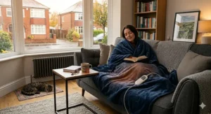 A person wrapped in a heated throw blanket while relaxing on a sofa during a cold British winter evening.