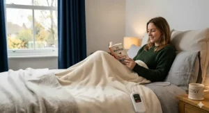 A person relaxing in bed reading a book while using a soft, energy-saving electric blanket in a modern bedroom.