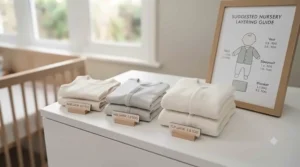 A display of baby clothing layers next to a framed nursery guide showing how to combine vests and blankets.