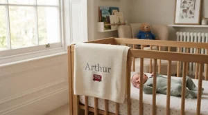 Cozy nursery cot styled with a soft, personalised baby blanket with name laid across the mattress.