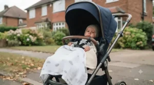 A baby tucked under a lightweight blanket in a pram during an afternoon stroll.