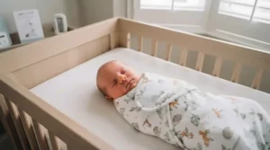 A newborn sleeping safely in a breathable, appropriately fitted swaddle blanket.