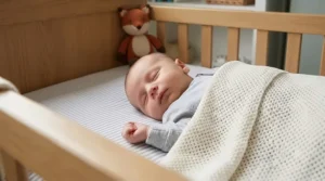 Peaceful newborn sleeping safely under a lightweight cotton cellular blanket.