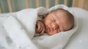 A newborn baby safely swaddled in a breathable patterned muslin wrap.