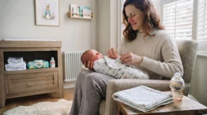 A stretchy bamboo swaddle blanket used for a secure, snug newborn wrap.