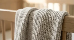 A detailed macro photograph of the grey and white cellular cot blanket's open weave, emphasizing soft, breathable cotton texture.