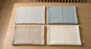 A precise grid flat lay showcasing four identical cellular cotton cot blankets in light grey, duck-egg blue, oatmeal, and cream.