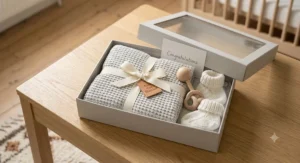 A luxury baby gift set presentation on an oak table, featuring the neatly folded cellular cotton cot blanket with booties and a rattle, tied with a ribbon.