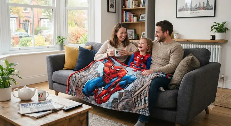 A happy family relaxing on a sofa in a bright British living room, covered with a soft Spider-Man blanket. best spiderman blanket