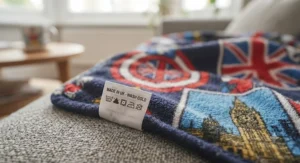 A cheerful boy in striped pyjamas, identical to those in the first image, is cosy and smiling while reading a book under the superhero blanket on the grey sofa.