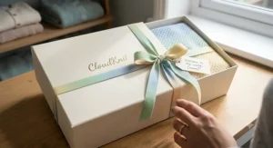 A premium, eco-friendly gift box containing a folded breathable baby blanket.