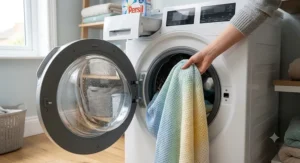 The breathable baby blanket being removed from a clean, modern washing machine.