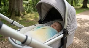 A parent using the breathable baby blanket as a light shade over a pushchair.
