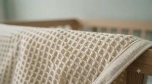 Close-up of a cellular blanket showing the signature square honeycomb weave for airflow.